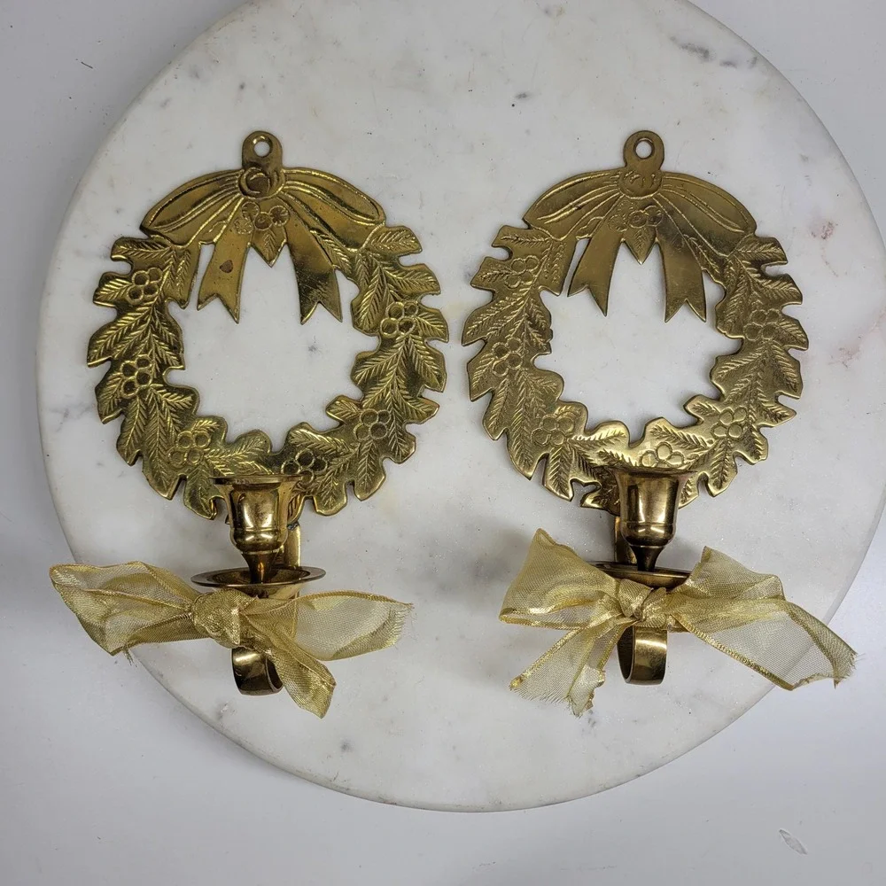 Solid Brass Christmas Wreath Candle Wall Sconces Pair Gold Holly Vintage Holiday
